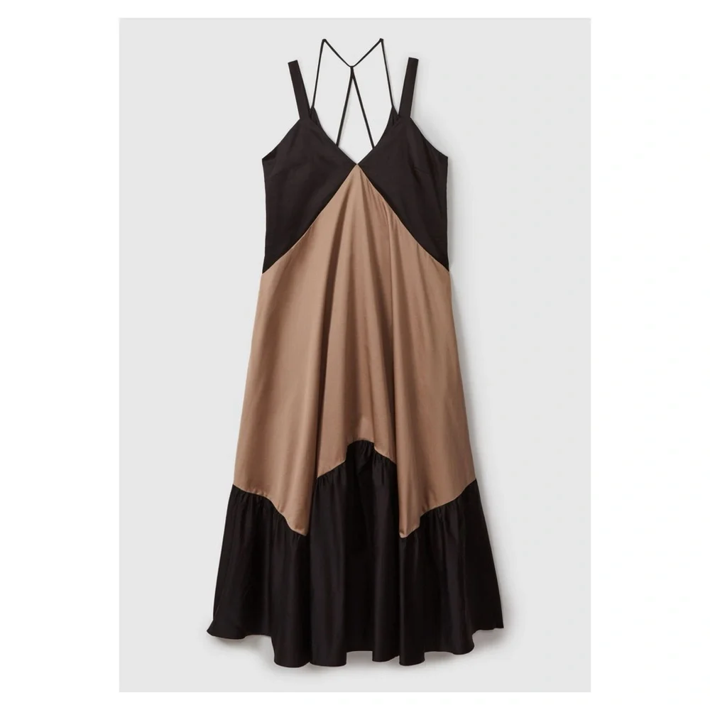 New! REISS LONDON “Natalie” Colorblock Tiered Midi Dress in Taupe and Black - Picture 1 of 11